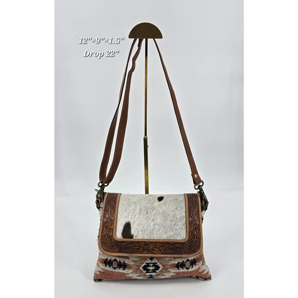 Myra Bag “Sansa” Leather Crossbody – Cowhide & Woven Southwest Pattern - Picture 1 of 11